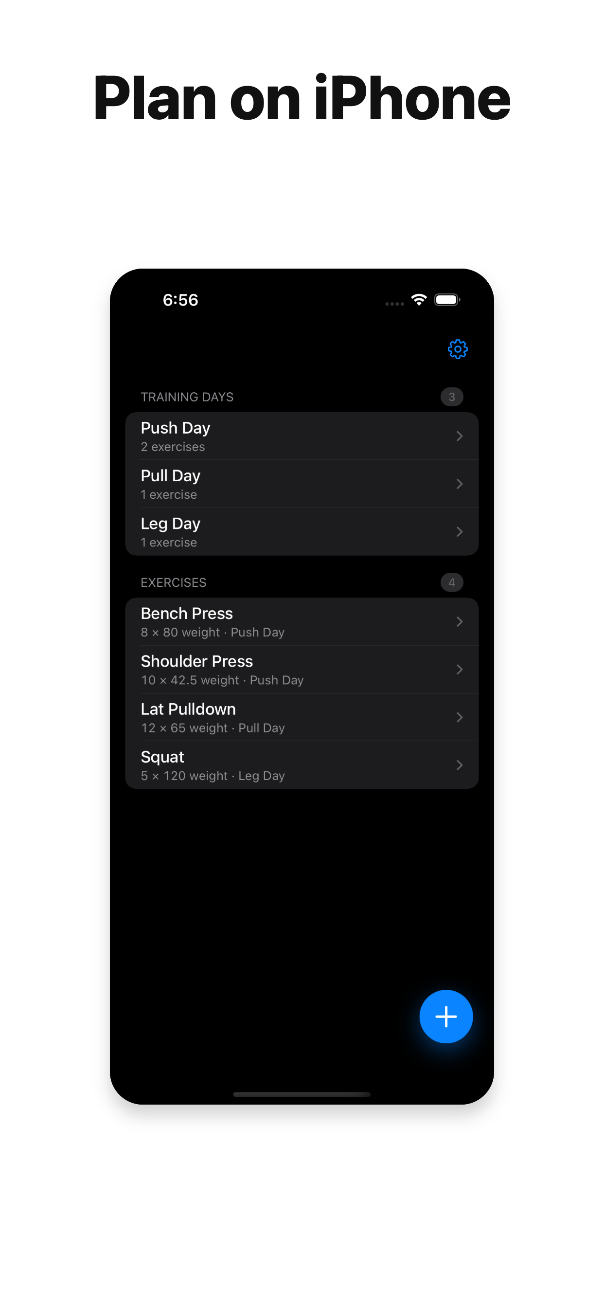 WatchLift iPhone workout planning screenshot
