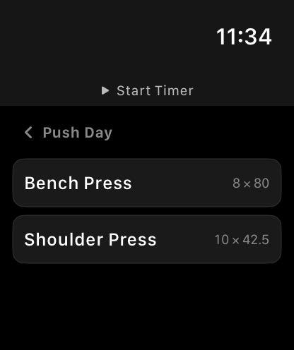 WatchLift Apple Watch exercise list screenshot